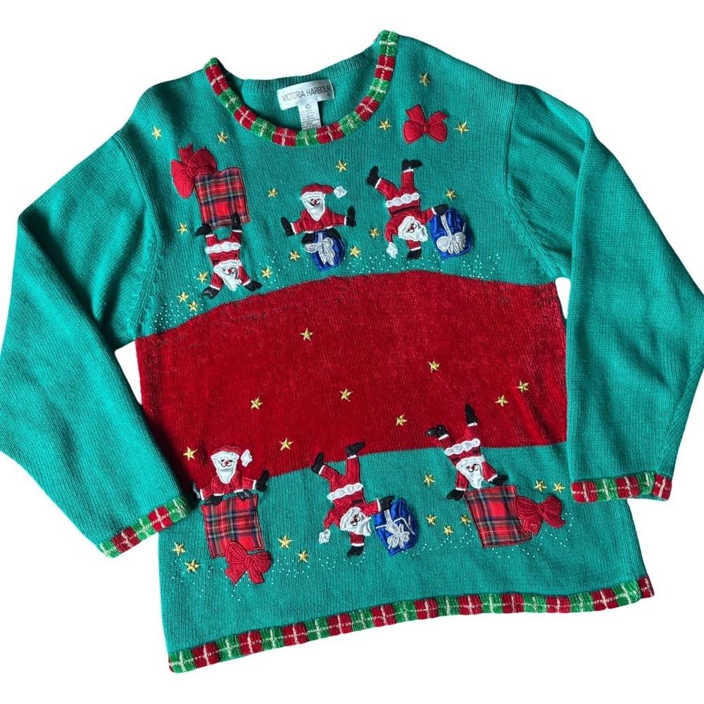 Vintage Santa Christmas Tunic Sweater - green and red - XL